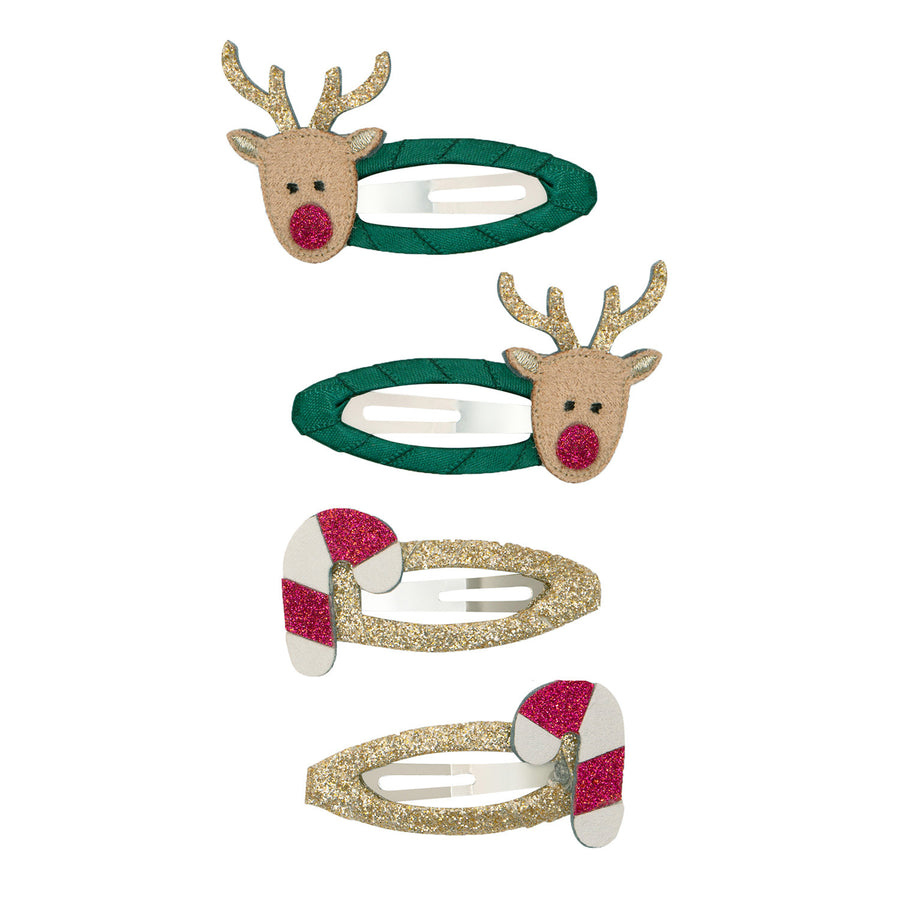 Hårclips 4 stk - Rudolph & candy christmas