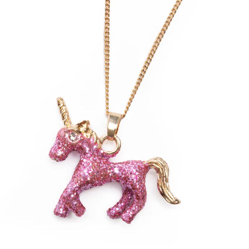 Enhjørningehalskæde og ring - Guld med pink glitter